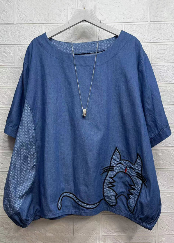 Women Blue O-Neck Embroidered Patchwork Denim Top Summer