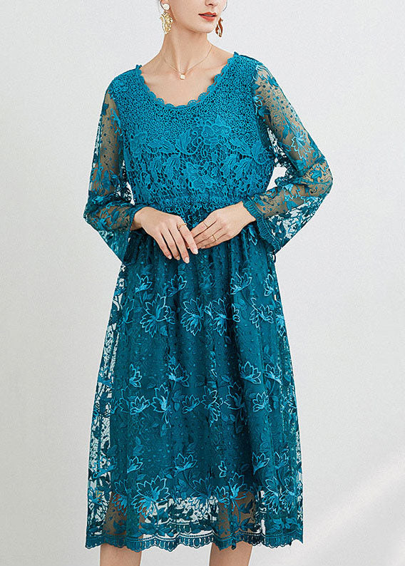 Women Blue O Neck Embroideried Patchwork Long Dresses Spring