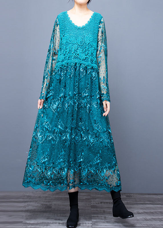 Women Blue O Neck Embroideried Patchwork Long Dresses Spring