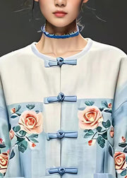 Women Blue O-Neck Floral Pockets Coats Bracelet Sleeve