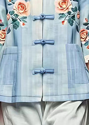 Women Blue O-Neck Floral Pockets Coats Bracelet Sleeve