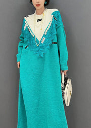 Women Blue O-Neck Oversized Lace Patchwork Knit Long Sweater Spring