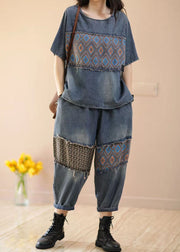 Women Blue O-Neck Patchwork Tops And Pants Denim Two Pieces Set Summer