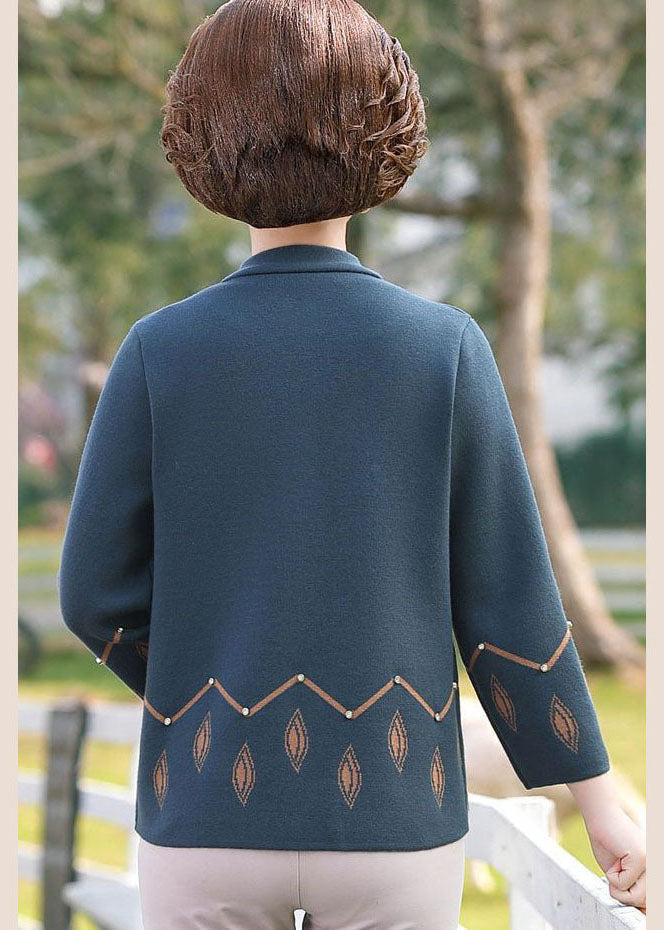 Women Blue O-Neck Pockets Print Woolen Coats Long Sleeve