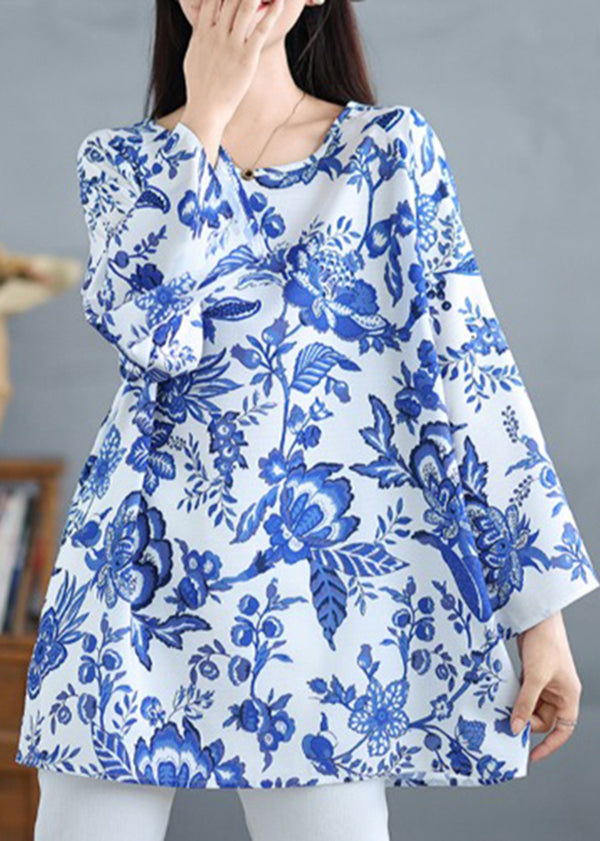 Women Blue O Neck Print Plus Size Cotton Tops Fall