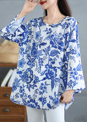 Women Blue O Neck Print Plus Size Cotton Tops Fall