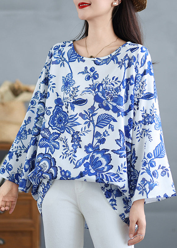 Women Blue O Neck Print Plus Size Cotton Tops Fall