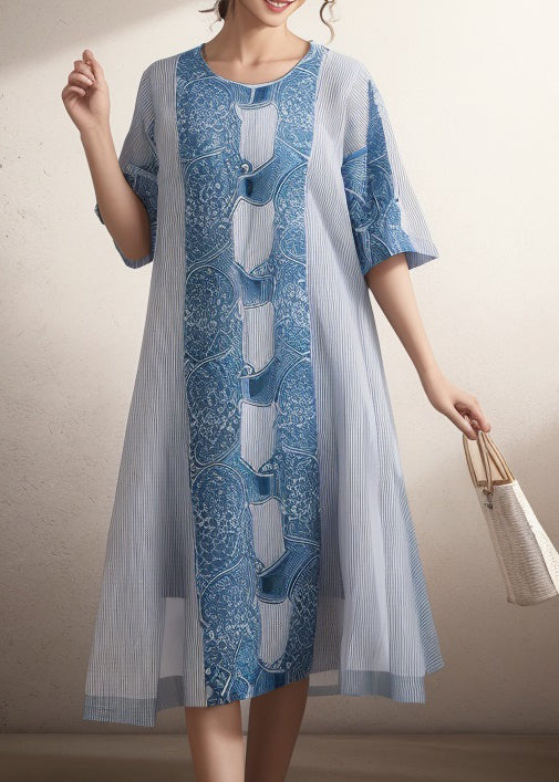 Women Blue O Neck Print Plus Size Silk Dress Summer