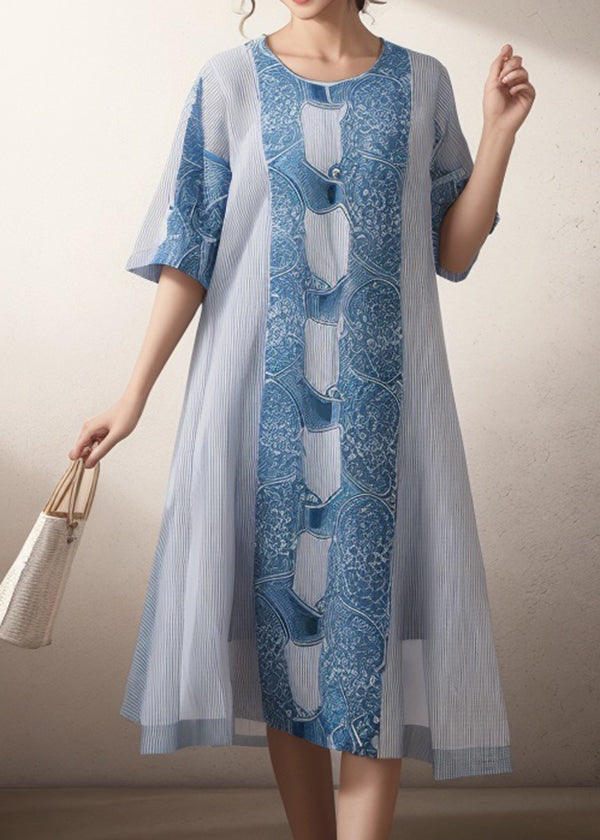 Women Blue O Neck Print Plus Size Silk Dress Summer