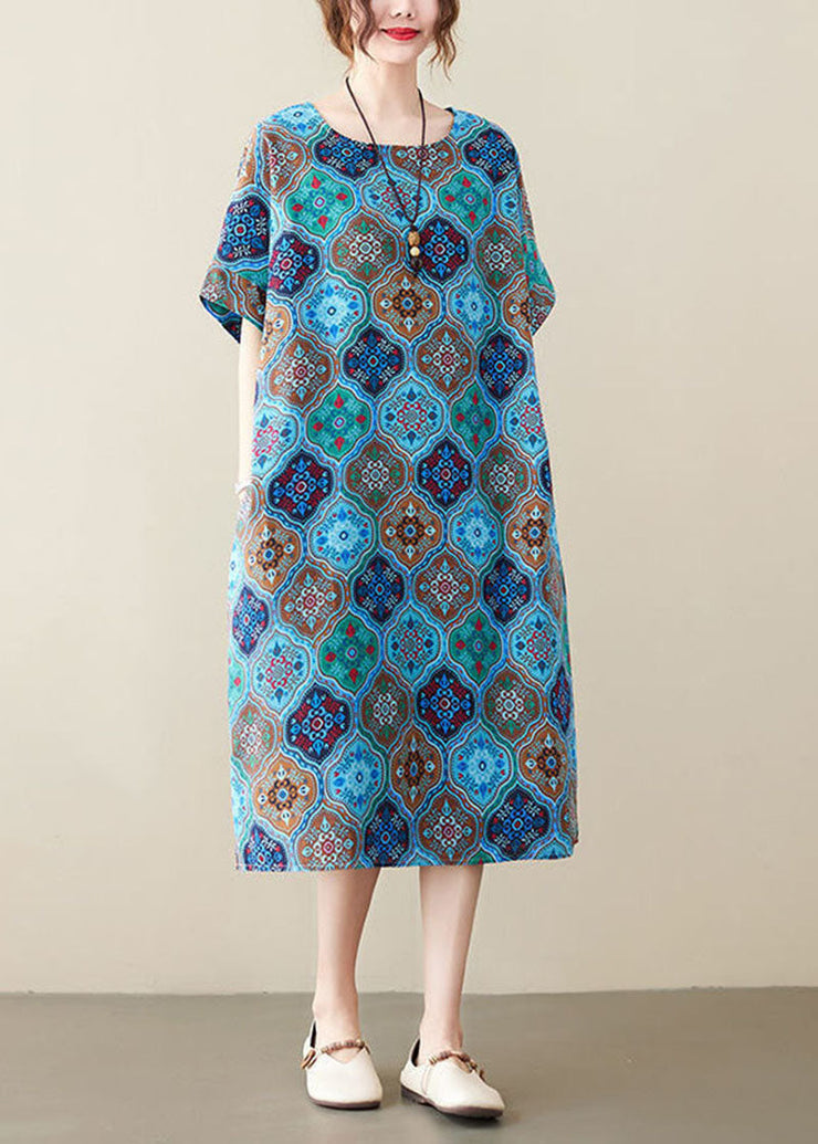 Women Blue O-Neck Print Pockets Linen Dress Short Sleeve