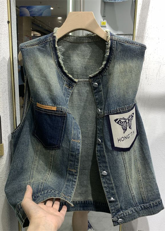 Women Blue O-Neck Print Pockets Patchwork Waistcoat Sleeveless