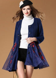 Women Blue Organza Patchwork Embroideried Wool Coats Winter