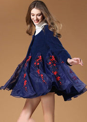 Women Blue Organza Patchwork Embroideried Wool Coats Winter