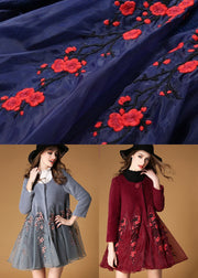 Women Blue Organza Patchwork Embroideried Wool Coats Winter