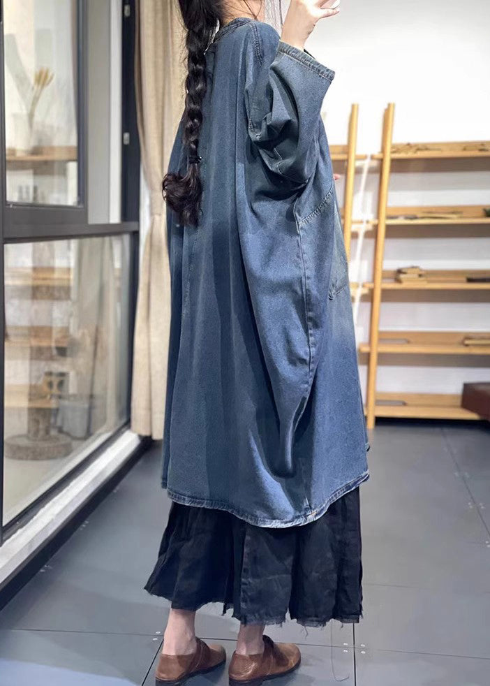 Women Blue Oversized Chinese Button Denim Long Dress Spring