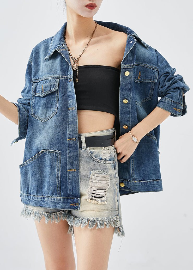 Women Blue Oversized Pockets Denim Coats Fall