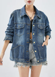 Women Blue Oversized Pockets Denim Coats Fall