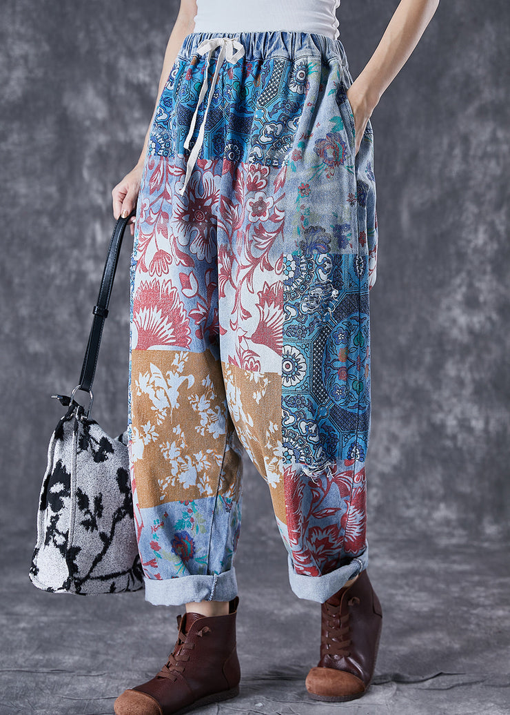 Women Blue Oversized Print Denim Harem Pants Fall