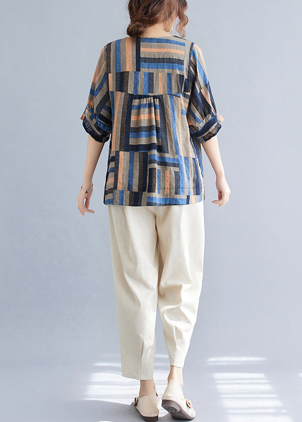 Women Blue Oversized Striped Linen Shirt Tops Summer