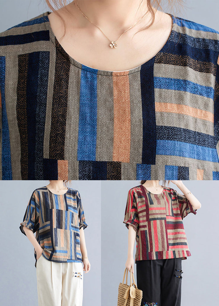 Women Blue Oversized Striped Linen Shirt Tops Summer