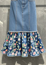 Women Blue Patchwork Print Denim Wraped Skirt Fall