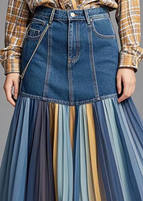 Women Blue Patchwork Rainbow Striped Denim Skirt Fall