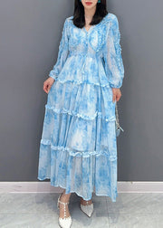 Women Blue Patchwork Ruffled Button Chiffon Maxi Dresses Spring