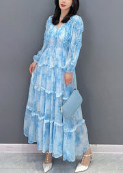 Women Blue Patchwork Ruffled Button Chiffon Maxi Dresses Spring