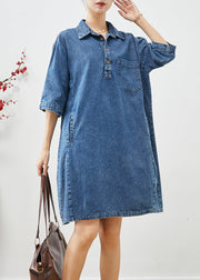 Women Blue Peter Pan Collar Cinched Denim Dress Half Sleeve