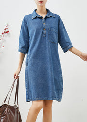 Women Blue Peter Pan Collar Cinched Denim Dress Half Sleeve