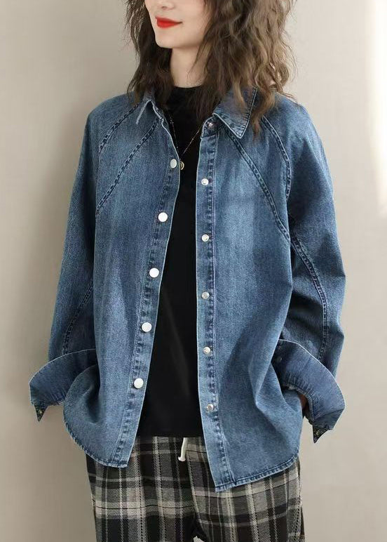 Women Blue Peter Pan Collar Denim Shirts Spring