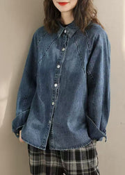 Women Blue Peter Pan Collar Denim Shirts Spring