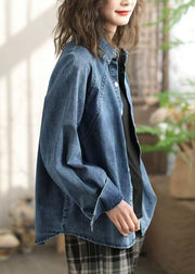 Women Blue Peter Pan Collar Denim Shirts Spring