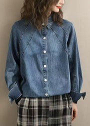 Women Blue Peter Pan Collar Denim Shirts Spring