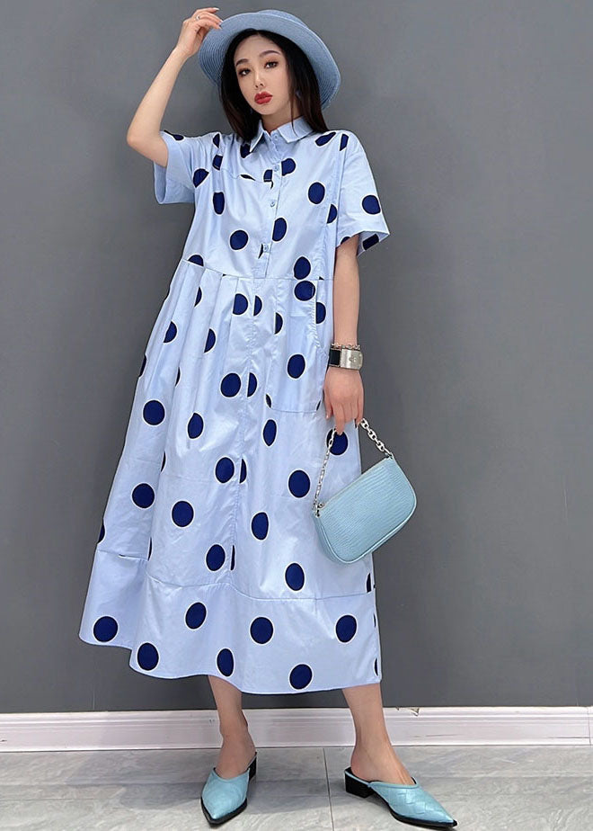 Women Blue Peter Pan Collar Dot Print Pockets Shirt Dresses Short Sleeve