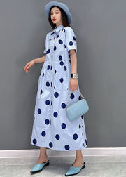 Women Blue Peter Pan Collar Dot Print Pockets Shirt Dresses Short Sleeve