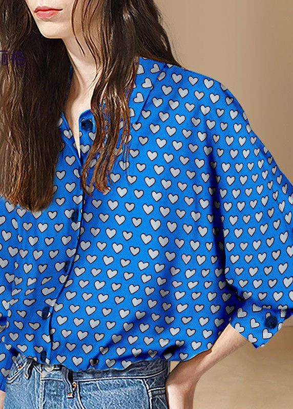 Women Blue Peter Pan Collar Heart Print Patchwork Cotton Shirt Tops Spring