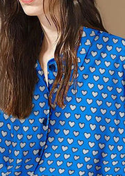 Women Blue Peter Pan Collar Heart Print Patchwork Cotton Shirt Tops Spring