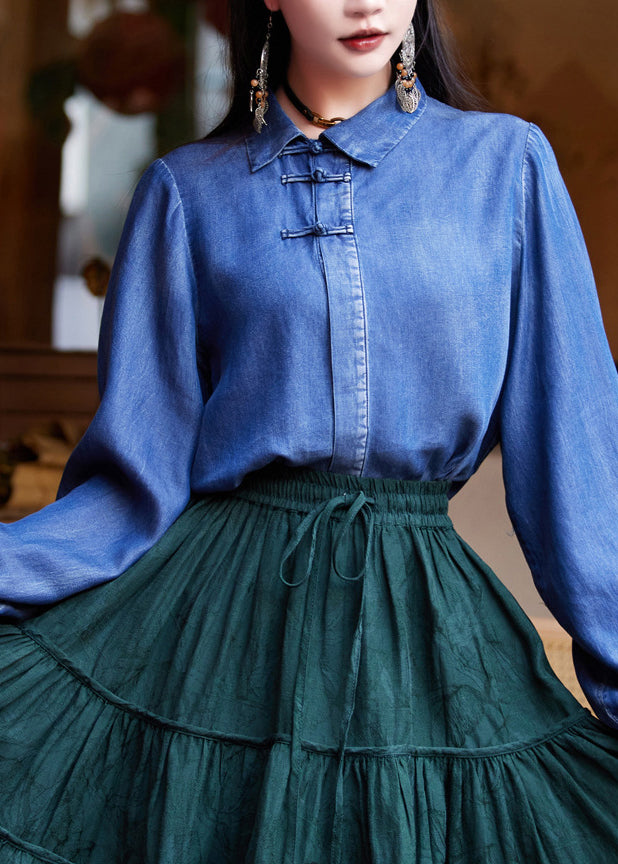 Women Blue Peter Pan Collar Patchwork Button Silk Cotton Denim Shirt Long Sleeve