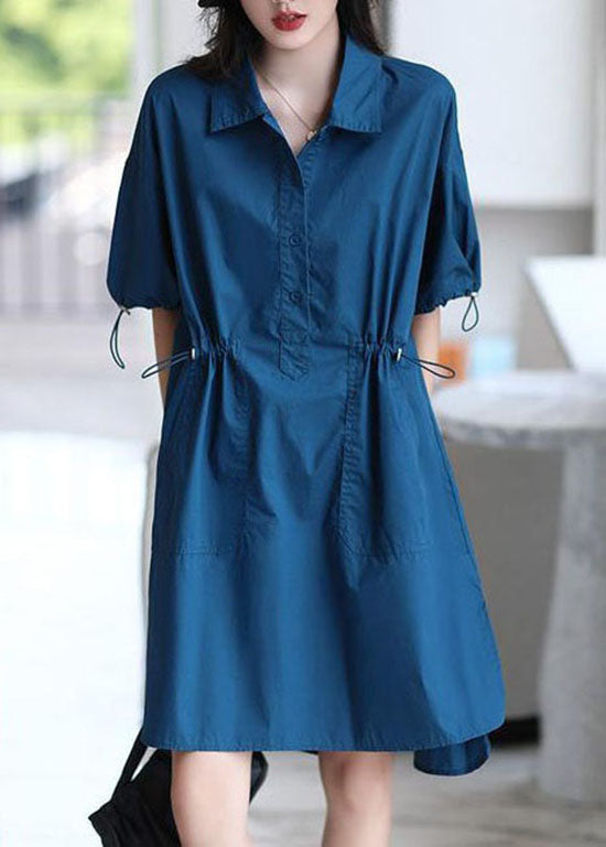 Women Blue Peter Pan Collar Patchwork Cotton Shirts Dresses Summer