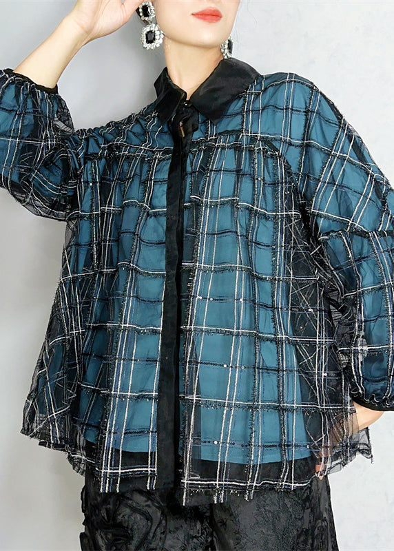 Women Blue Peter Pan Collar Plaid Button Tulle Shirts Spring