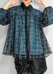 Women Blue Peter Pan Collar Plaid Button Tulle Shirts Spring