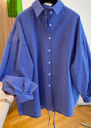 Women Blue Peter Pan Collar Plaid Cotton Shirts Top Spring