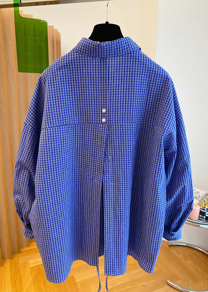 Women Blue Peter Pan Collar Plaid Cotton Shirts Top Spring