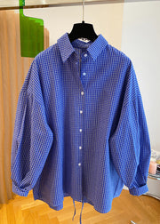 Women Blue Peter Pan Collar Plaid Cotton Shirts Top Spring