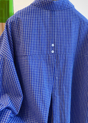 Women Blue Peter Pan Collar Plaid Cotton Shirts Top Spring