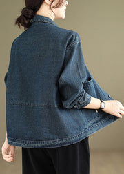 Women Blue Peter Pan Collar Pockets Warm Fleece Denim Coat Winter