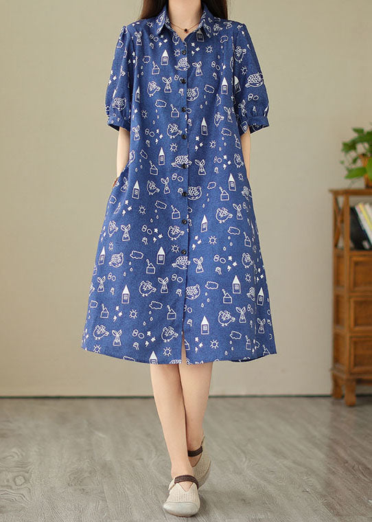 Women Blue Peter Pan Collar Print Patchwork Denim Shirts Dress Summer