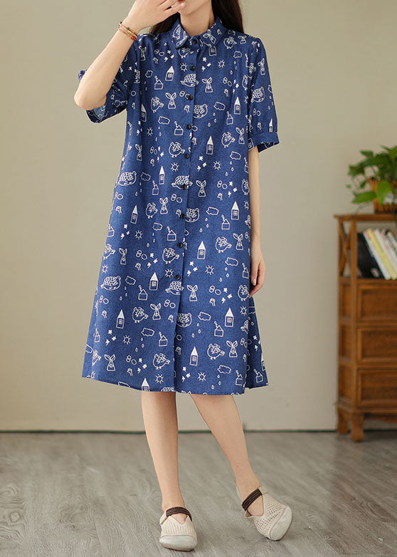 Women Blue Peter Pan Collar Print Patchwork Denim Shirts Dress Summer