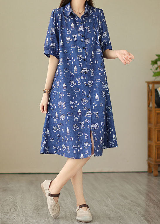 Women Blue Peter Pan Collar Print Patchwork Denim Shirts Dress Summer